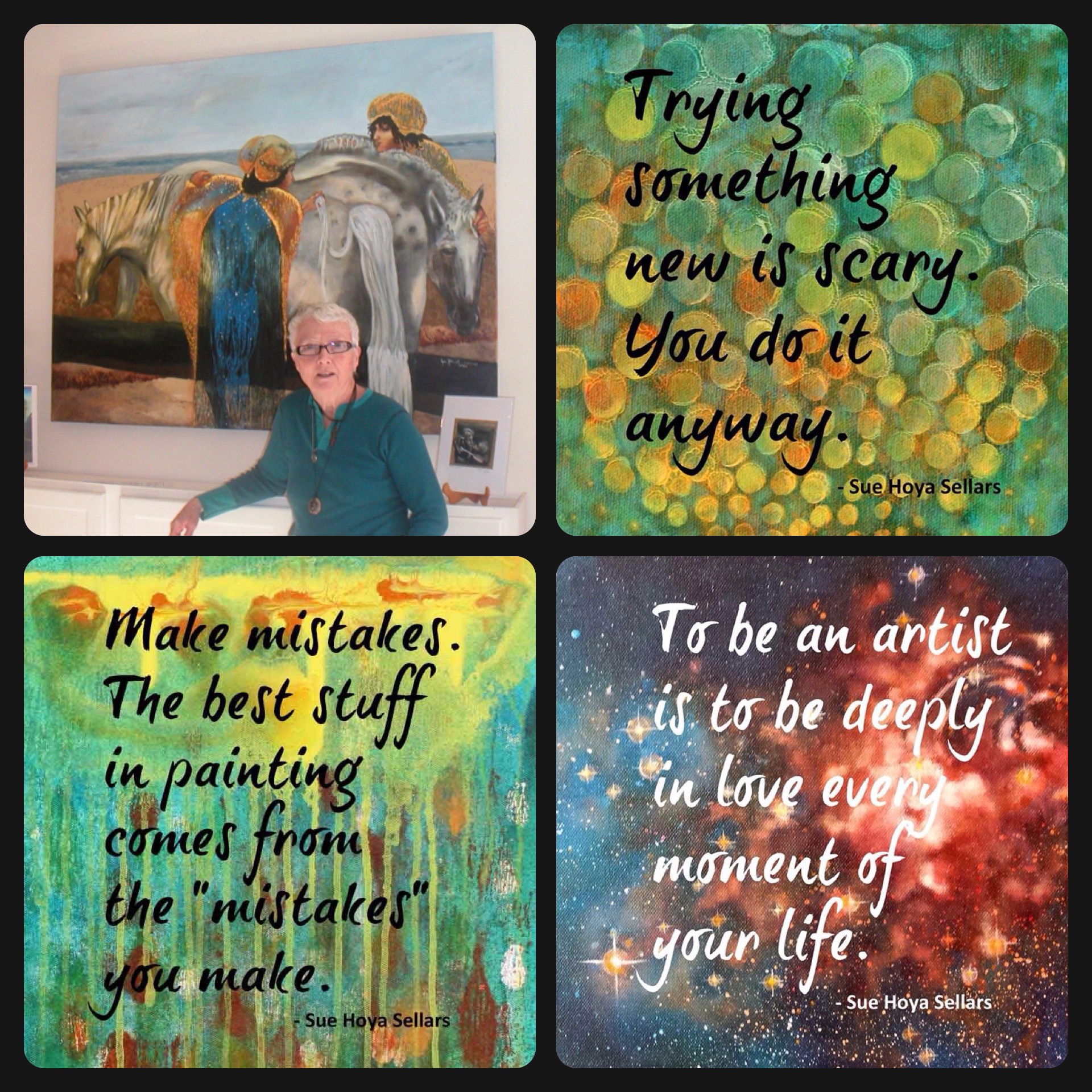 Sue with her art and quote collages by Christina Gage ~ Forms of Joy by Christina Gage